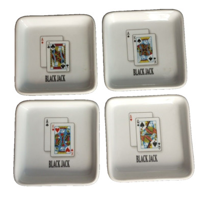 Set Of 4 Bella Casa By Ganz Black Jack Cards Ceramic Trinket Snack Dish Plate 4 