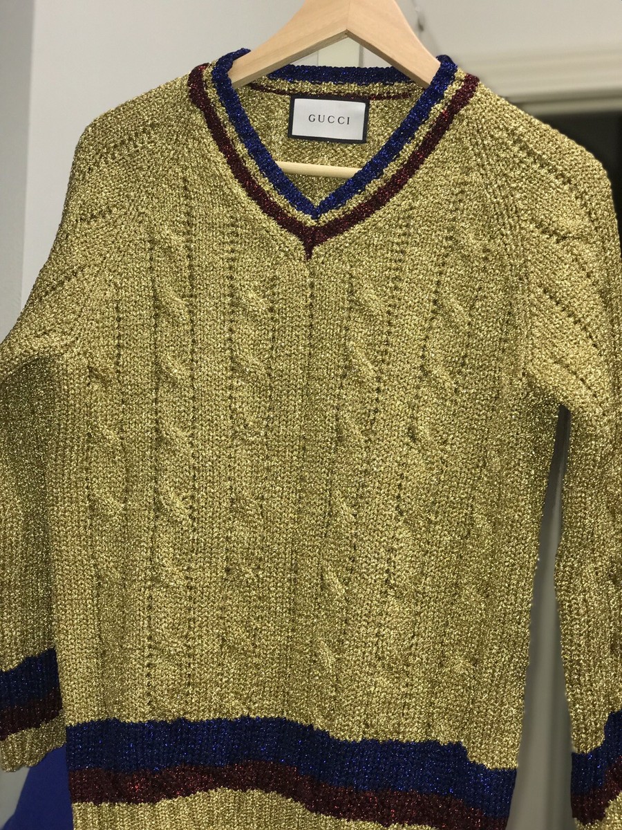 Metallic Cable-Knit V-Neck Sweater GucciUS SZ L- Runs SMALL