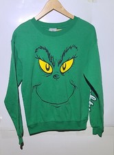 Dr Seuss The Grinch Face Womens S Green Crewneck Sweatshirt Naughty Long Sleeve