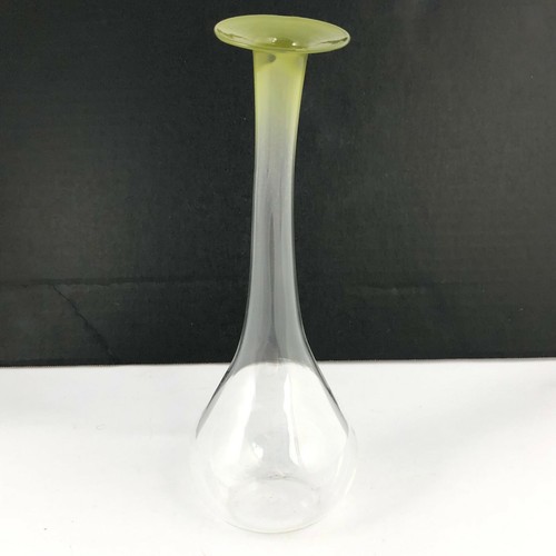 Art Glass Bud Vase Crystal Clear w Long Bent Neck and Green Lip Blown Handmade - Picture 5 of 11