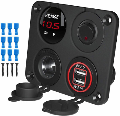 4 gang 1 Panel Dual USB Socket Charger LED Voltmeter+12V Power Outlet Car Boat