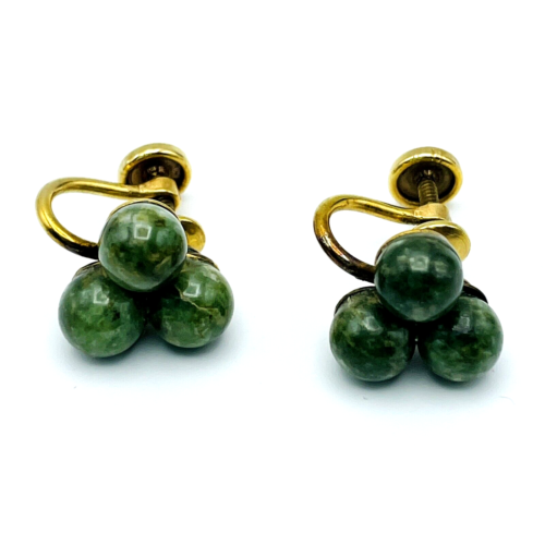 Boucles d'oreilles femmes pierres précieuses vintage pierre de jade verte 1/20 12 carats vis remplie d'or - Photo 1/9