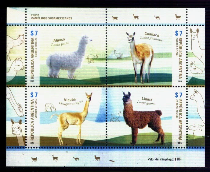 ARGENTINA 2015,FAUNA BIRDS CAMELIDS 2 MINISHEETS YV 3085-92 GJ 255-6 MNH - Image 3 of 3