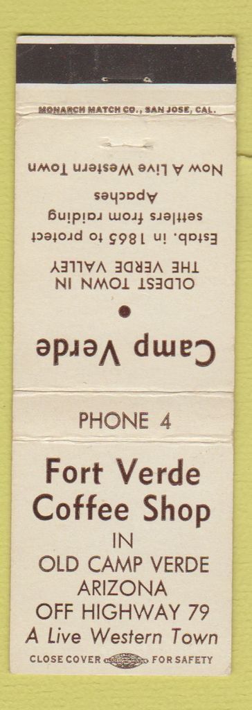 Matchbook Cover - Fort Verde Coffee Shop Old Camp Verde AZ