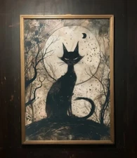 Moody Black Cat, Printable Wall Art, Witchy Whimsigoth Wall