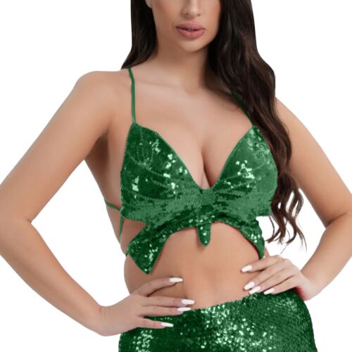 Women's Sequin Ruffle Crop Top Sexy V-Neck Sequin Bralette Bra Rave Dance Tops - Picture 9 of 63