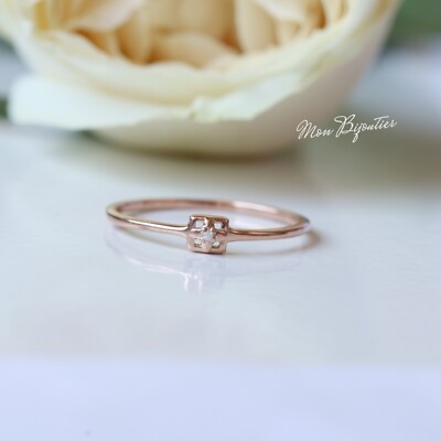 Solitaire Diamond Square Cut Out Ring 14k Solid Rose Gold Dainty Stackable  Ring