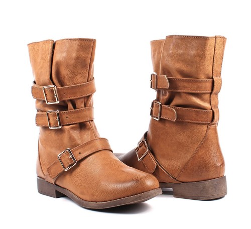 Camel Zipper Open Faux Leather Womens Military Mid Calf Combat Boots Size 5.5 - Picture 5 of 12