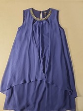 SLNY Navy Blue Sleeveless Cutout Pearl Neck Sheer Overlay Shift Dress Size 18
