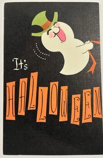 VTG Christmas Greeting Card Halloween Ghost Word Art Bats