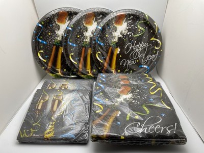NEW VINTAGE PARTY CREATIONS (96) NAPKINS (24) PLATES HAPPY NEW YEAR POP CHEERS