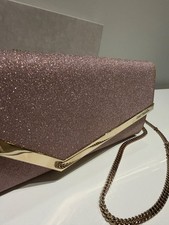 NWT Jimmy Choo Emmie Pink Glitter Embellished Clutch W Gold Chain Crossbody