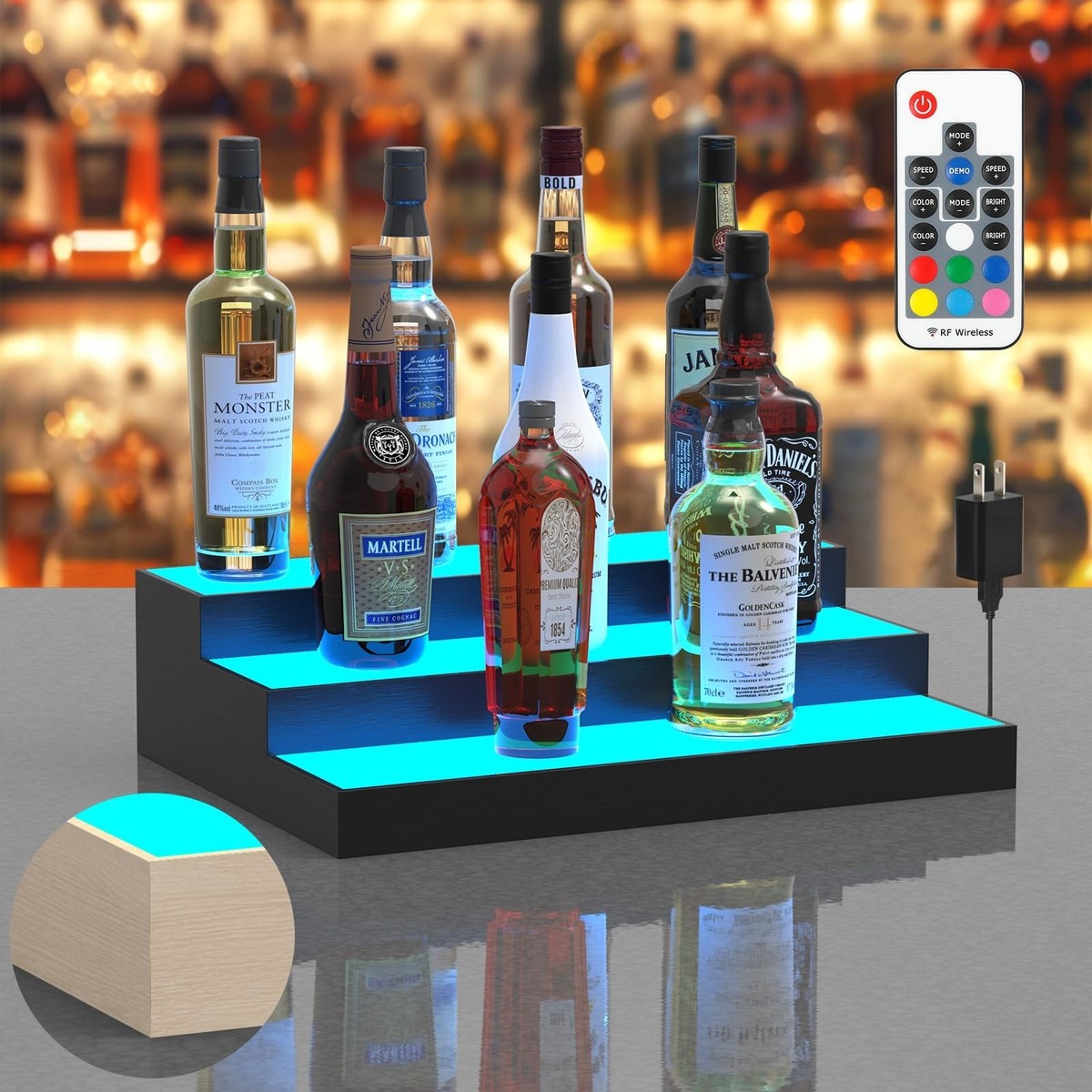 LED Lighted Liquor Bottle Display Shelf, 3 Tier 16 Inch Alcohol