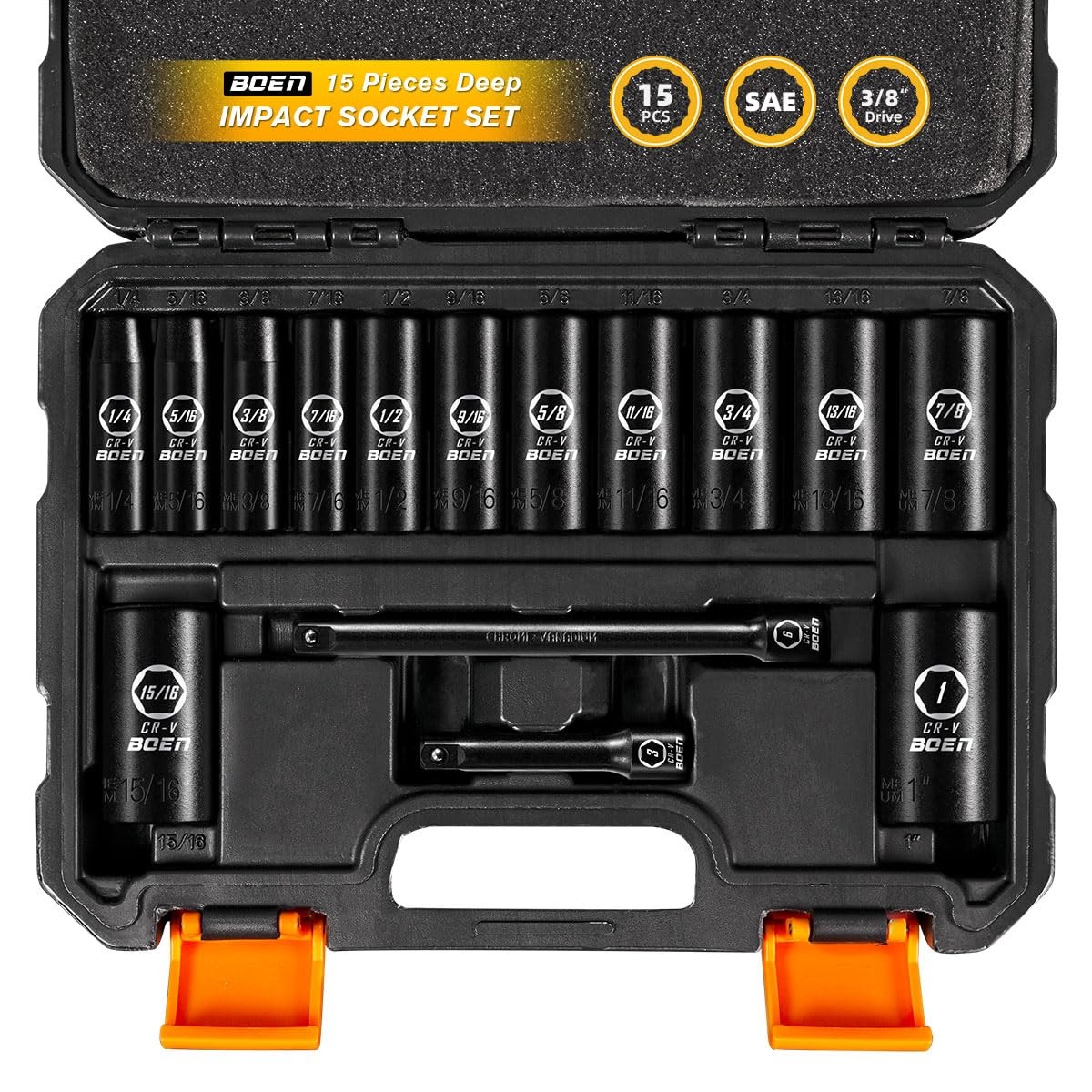 3/8 Drive 15-Piece SAE Deep Impact Socket Set 1/4 to 1 Inch