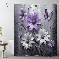 LB Purple Floral Shower Curtain for Bathroom, Plant Purple and Gray Abstract Flo