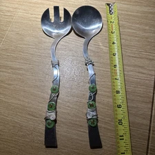 Jeweled Beaded Salad Serving Tongs Fork Spoon Set Stainless Steel Blue Green