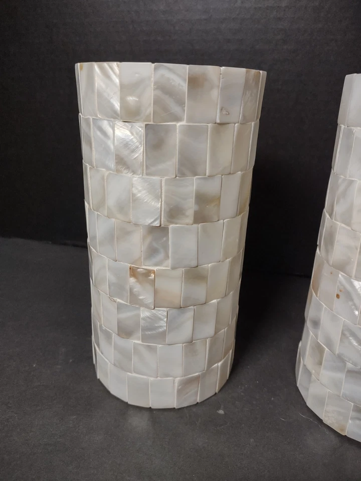 蜡烛珍珠母马赛克圆筒或花花瓶一对两栋海滨别墅  — 第 3/4 张图片