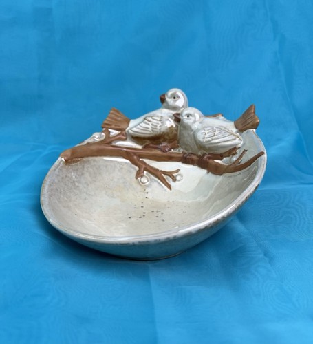 Glazed Pottery Stoneware Bird Bath / Seed Dish Trinket Bowl Love Birds On Branch