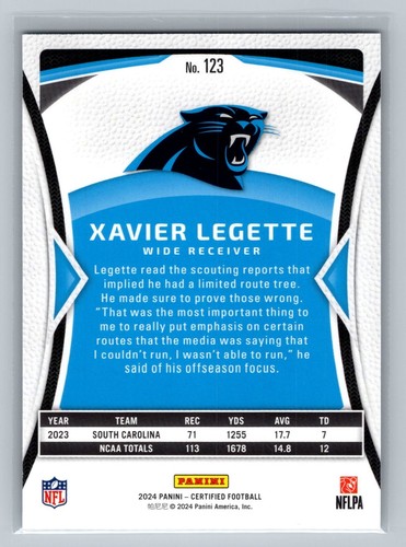 2024 Xavier Legette Certified #123 RC 308/400 Panthers Football Panini ...