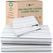 California Design Den Full Sheet Set Stripe, 100 Organic Cotton Percale Sheet...