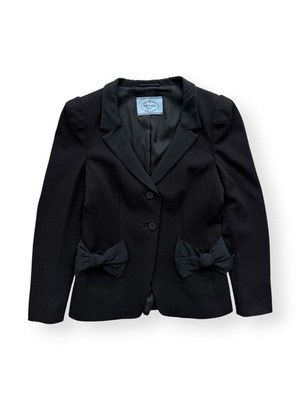 Prada Black Blazer Jacket Bow Detail Women Size 46 Made in Romania Elegant