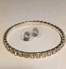 Clear Rhinestone Silvertone Stretch Bracelet w/Stud Rhinestone Earrings 