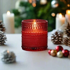 Primitive Ragon House 3.25" Red Dotted Glass Jar 3D Flame Battery Candle 6hr Tim