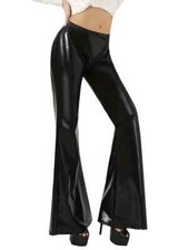 Women Shiny Leather Flare Pants High Waist Band Stretch PU Bell-Bottom Trousers