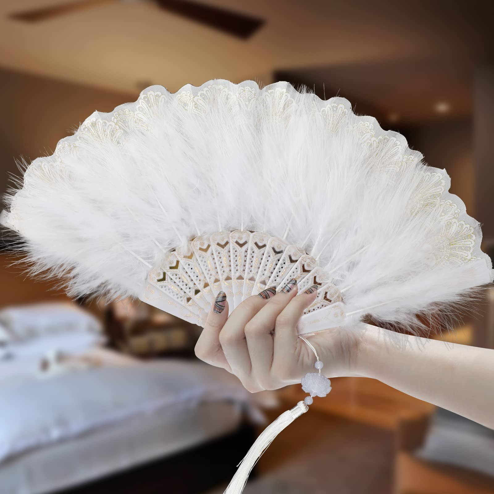 White Foldable Feather Fan Handheld Chinese Vintage Style Hand Held Folding F...