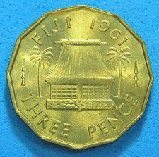 Fiji 3 Pence 1961 Coin Lustrous High Grade KM-22, Free S/H after 1st item