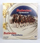 Round 13" glass platter with Budweiser Clydesdale horses in red and white box, popcorn bowl, and “BUDWEISER” text.
