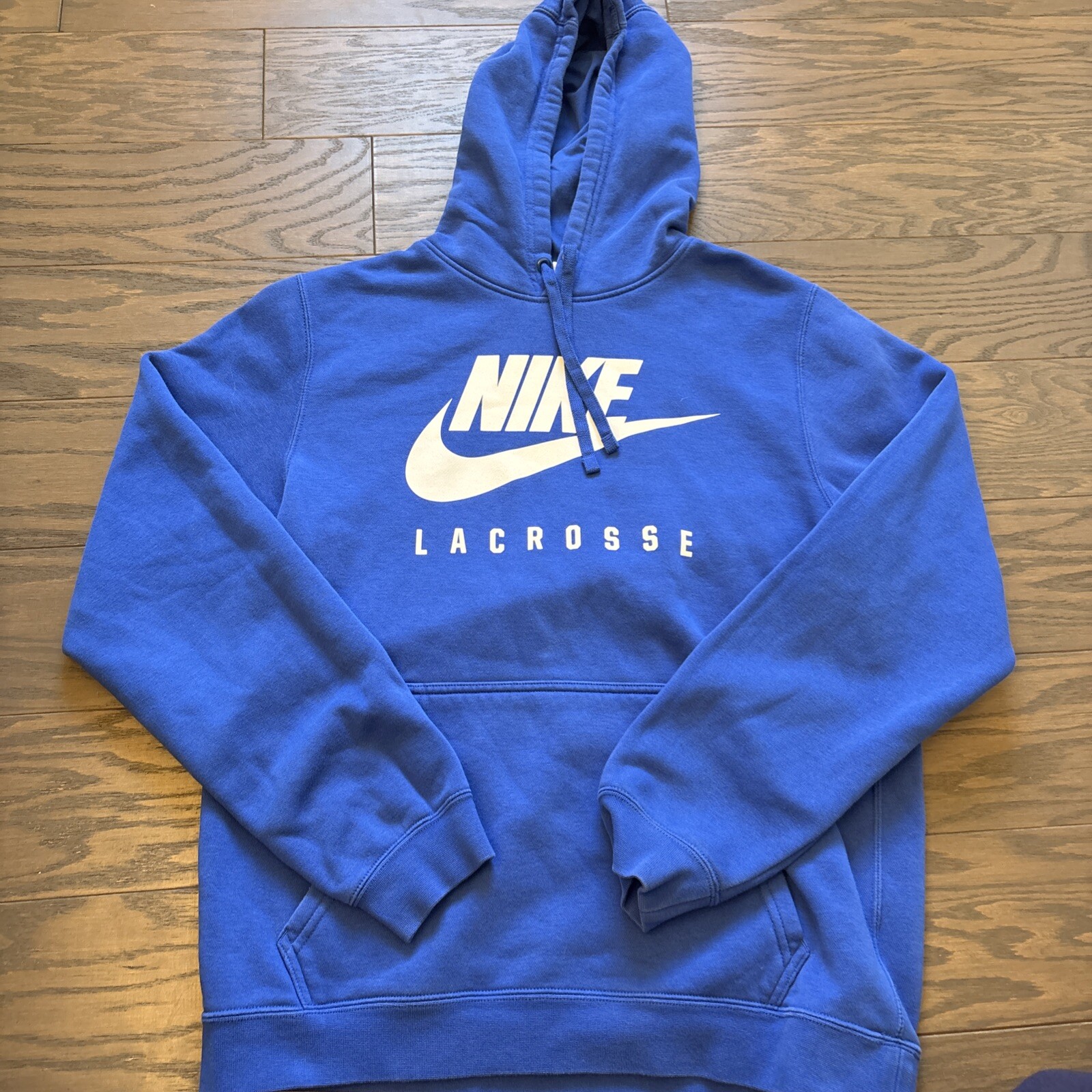 Nike Dri Fit Swoosh Pullover Hoodie Sweatshirt Blue Lacrosse Logo Small S EUC