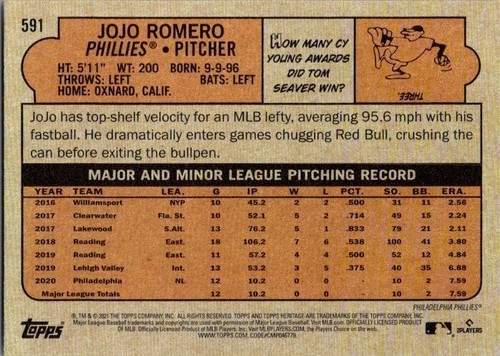 2021 Topps Heritage #591 JoJo Romero - Philadelphia Phillies RC Pack Fresh! - Picture 2 of 2