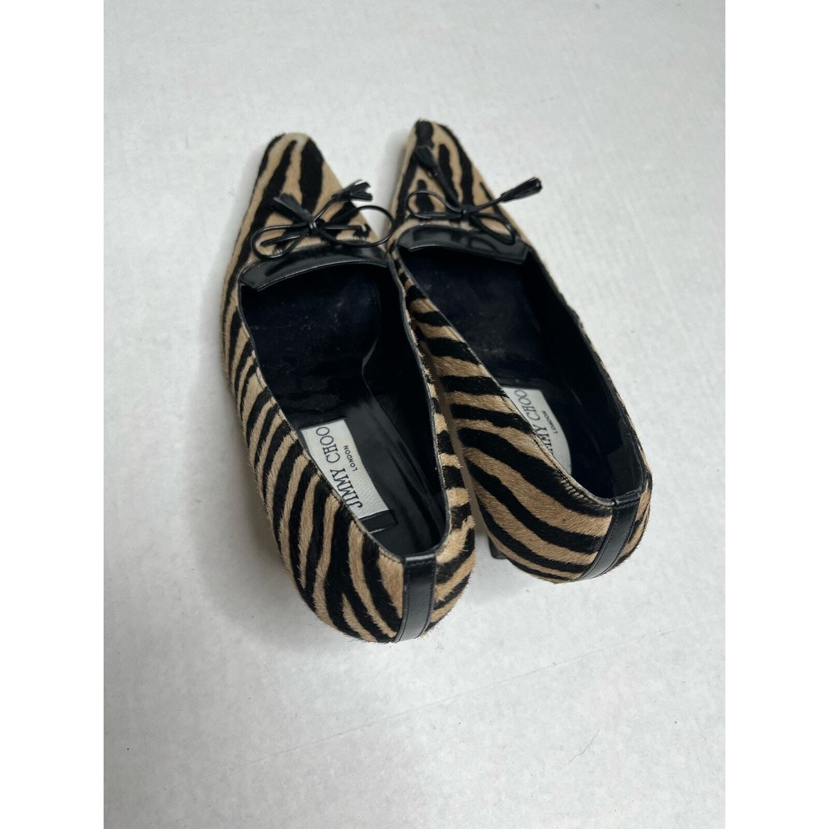 Jimmy Choo London Designer Zebra Fur Print Bow Detail Pointed Toe
