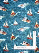 Sailboat Motor Boat Water Going Places Cotton Fabric Blank Textiles By The Yard