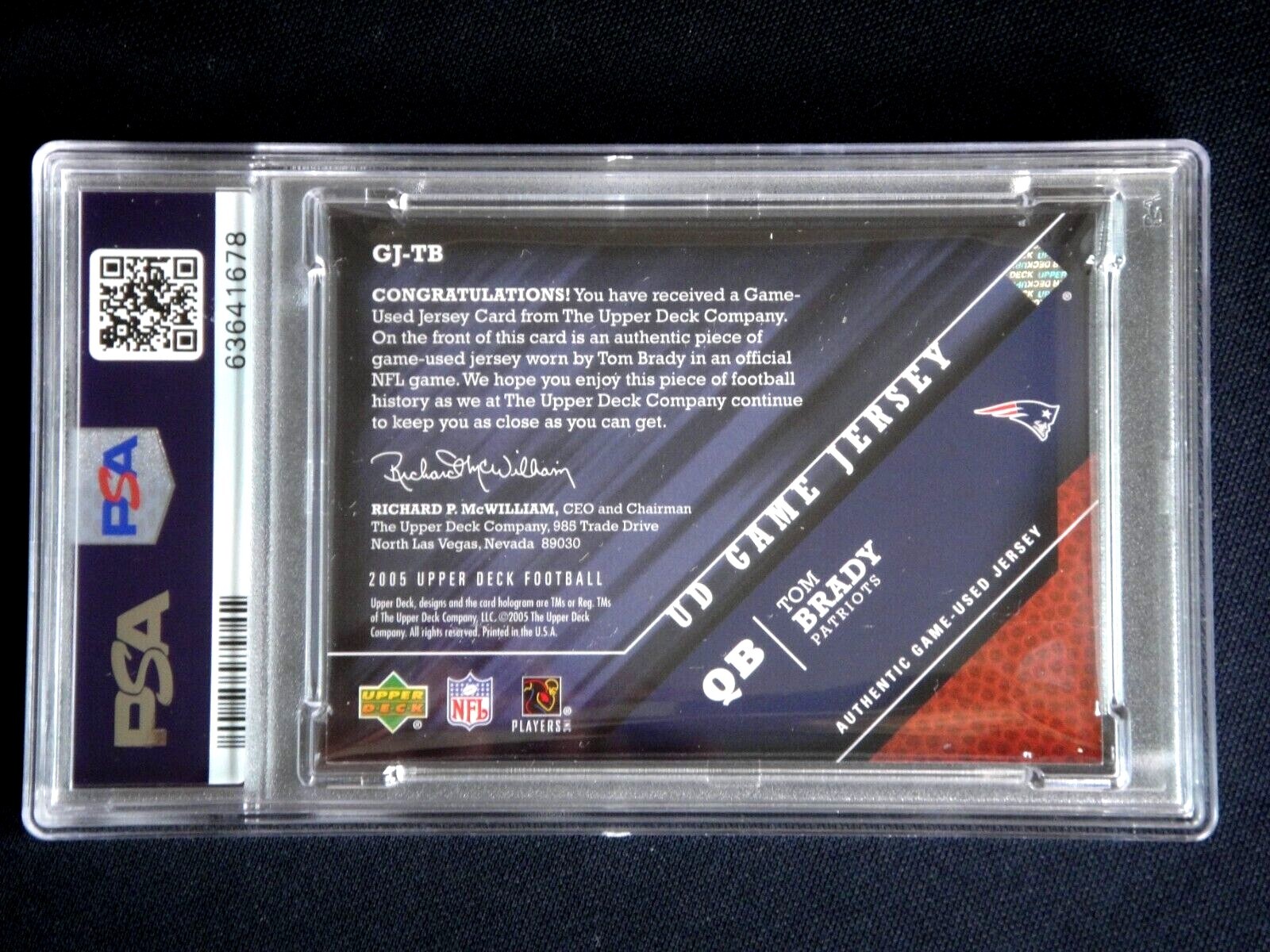 TOM BRADY 2005 UPPER DECK UD GAME WORN USED JERSEY PATCH PSA 7 NE PATRIOTS GOAT. view 2