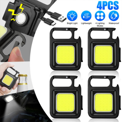 4Pcs Portable Mini COB Work Light Rechargeable Flashlight Keychain Bottle Opener