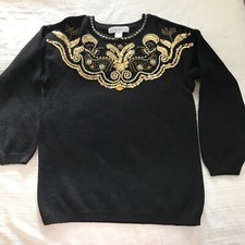 VICTORIA HARBOUR vintage pullover black  gold bedazzled knit sweater MEDIUM