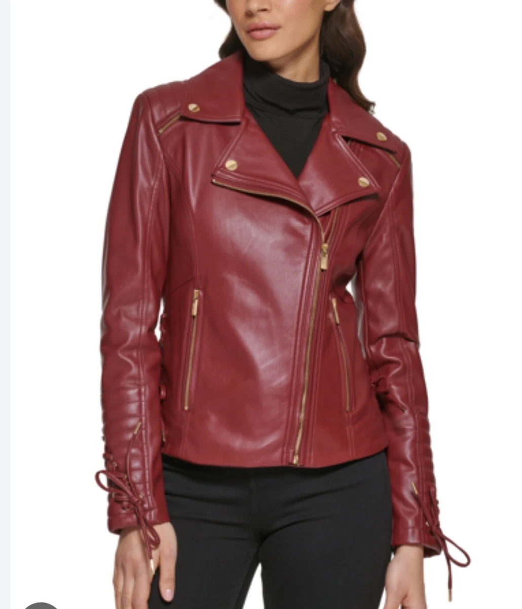 GUESS Women s Faux Leather Asymmetric Moto Coat Wine Gold Sz Small