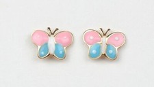 14k Yellow Gold Enamel Butterfly Baby earrings, Screw Back