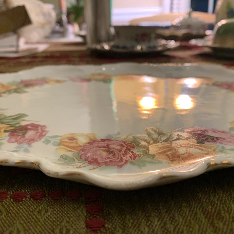 VICTORIAN TRAY/DISH Vintage BONE China w/Pink & Orange Roses - Image 4 of 4