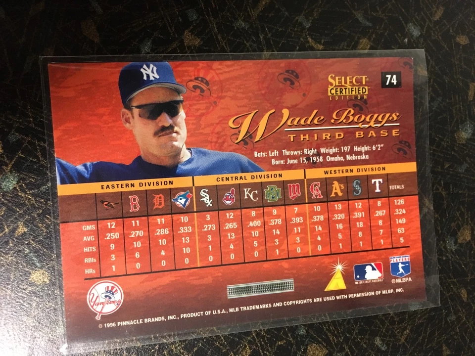 PINNACLE SELECT CERTIFIED EDITION 1996 WADE BOGGS CARD 74 NEW YORK YANKEES - Image 2 of 2