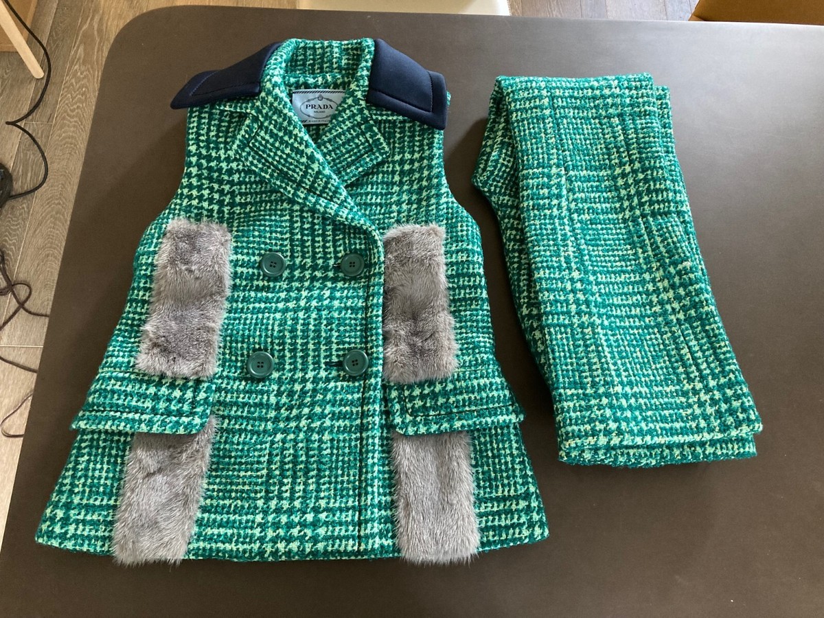 Prada Fall 2015 Green Tweed Ensemble Pants Vest with Mink Fur