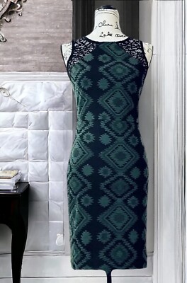 Womens Pencil Dress Green Aztec Print Round Neck Sleeveless Detail In Lace  Sz S | eBay