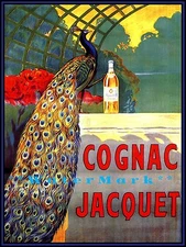 Cognac Jacquet 1910 Vintage Poster Print Fancy Peacock French Liqueur Decor