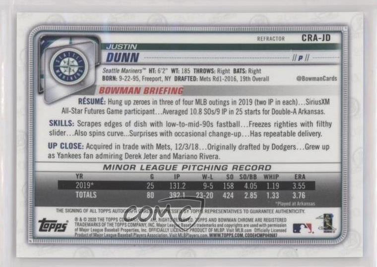2020 Bowman Chrome Refractor /499 Justin Dunn CRAJD Rookie Auto RC eBay
