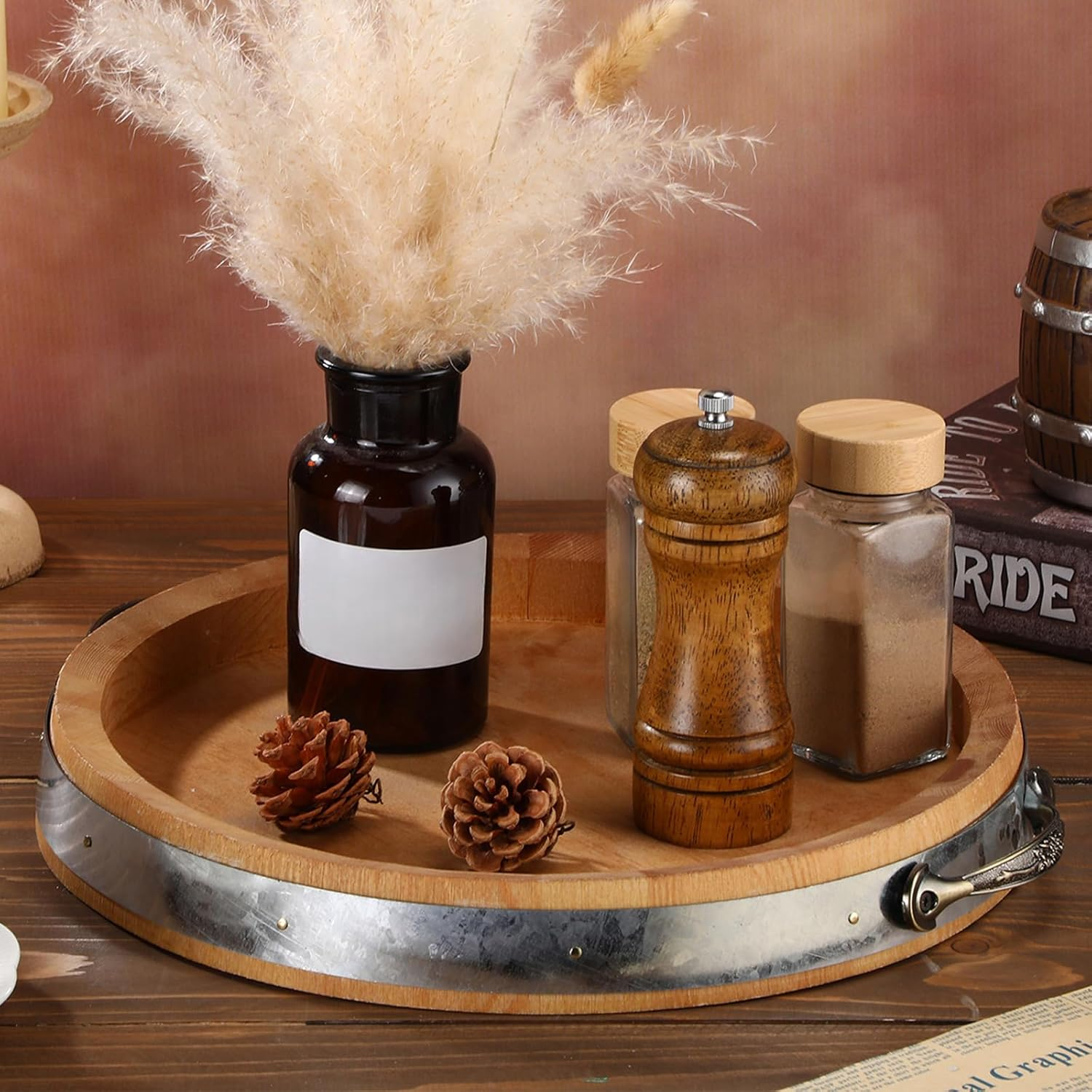 Wooden Barrel Serving Tray with Metal Handles 14