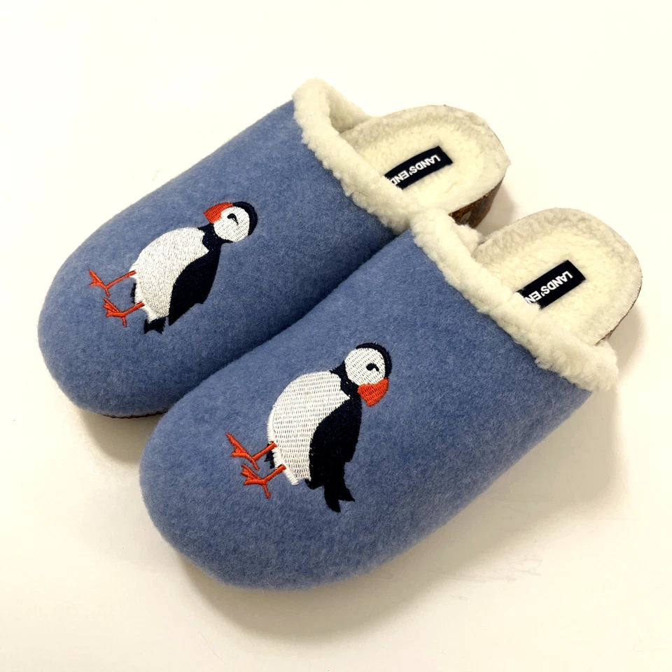 Lands' End Sherpa Lined Clog Slippers Blue Puffin Embroidered House Shoes SZ 10 - Image 2 of 4