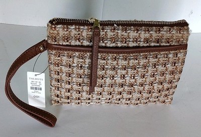 NEW Talbots Plaid Tweed Leather Trim Wristlet Zipper Close Inner/Outer Pockets