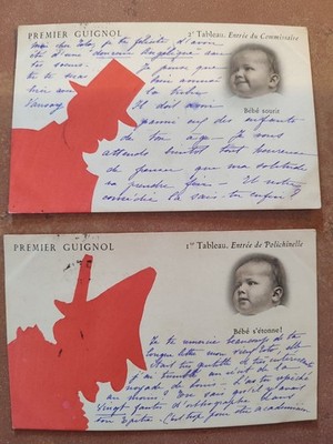 Lot 2 CPA - First Guignol - Baby lächelt & wundert sich - Rote Silhouetten - 1900